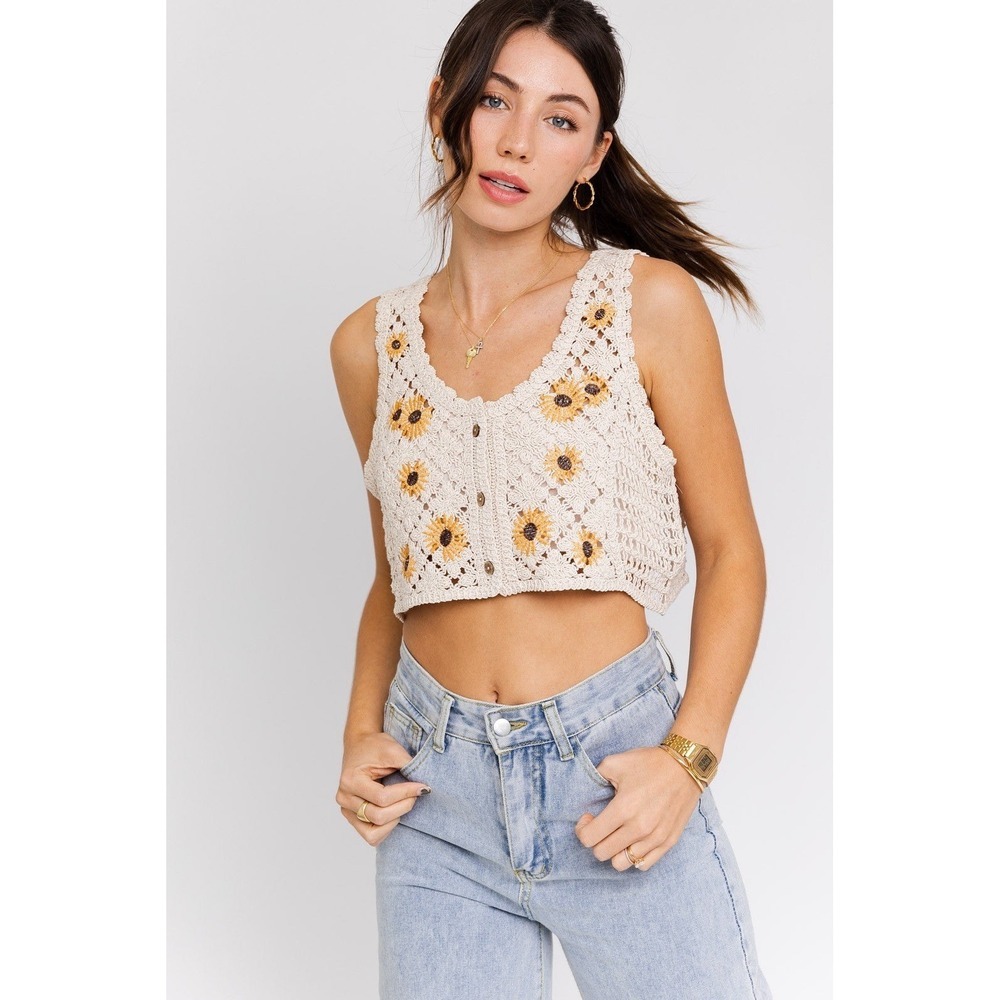 Rebellion XS Sunflower Crochet Vest 100% Cotton Boho Cottagecore Button Front